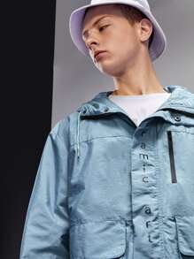 Tariqual Men Letter Graphic Flap Pocket Drawstring Hooded Zipper Jacket - Baby Blue - View 5