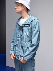 Tariqual Men Letter Graphic Flap Pocket Drawstring Hooded Zipper Jacket - Baby Blue - View 6