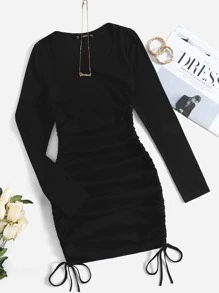 SHEIN EZwear Vestido con cordón lateral tejido de canalé - Negro - Ver 2
