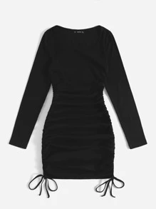 SHEIN EZwear Vestido con cordón lateral tejido de canalé - Negro - Ver 5
