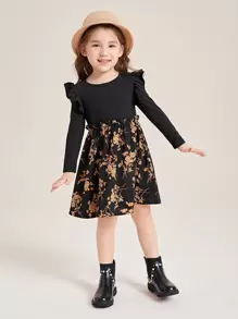 SHEIN Leap Crew Vestido Para Niña Joven Con Diseño Floral Y Detalles De Volantes En El Panel - Multicolor - Ver 6