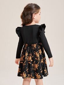 SHEIN Leap Crew Vestido Para Niña Joven Con Diseño Floral Y Detalles De Volantes En El Panel - Multicolor - Ver 2