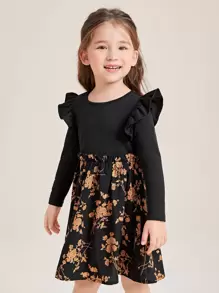 SHEIN Leap Crew Vestido Para Niña Joven Con Diseño Floral Y Detalles De Volantes En El Panel - Multicolor - Ver 3