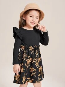 SHEIN Leap Crew Vestido Para Niña Joven Con Diseño Floral Y Detalles De Volantes En El Panel - Multicolor - Ver 4