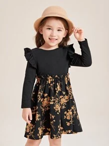 SHEIN Leap Crew Vestido Para Niña Joven Con Diseño Floral Y Detalles De Volantes En El Panel - Multicolor - Ver 5
