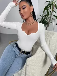 SHEIN SXY Áo thun nữ Gân đan màu trơn Gợi cảm - trắng - Xem 1