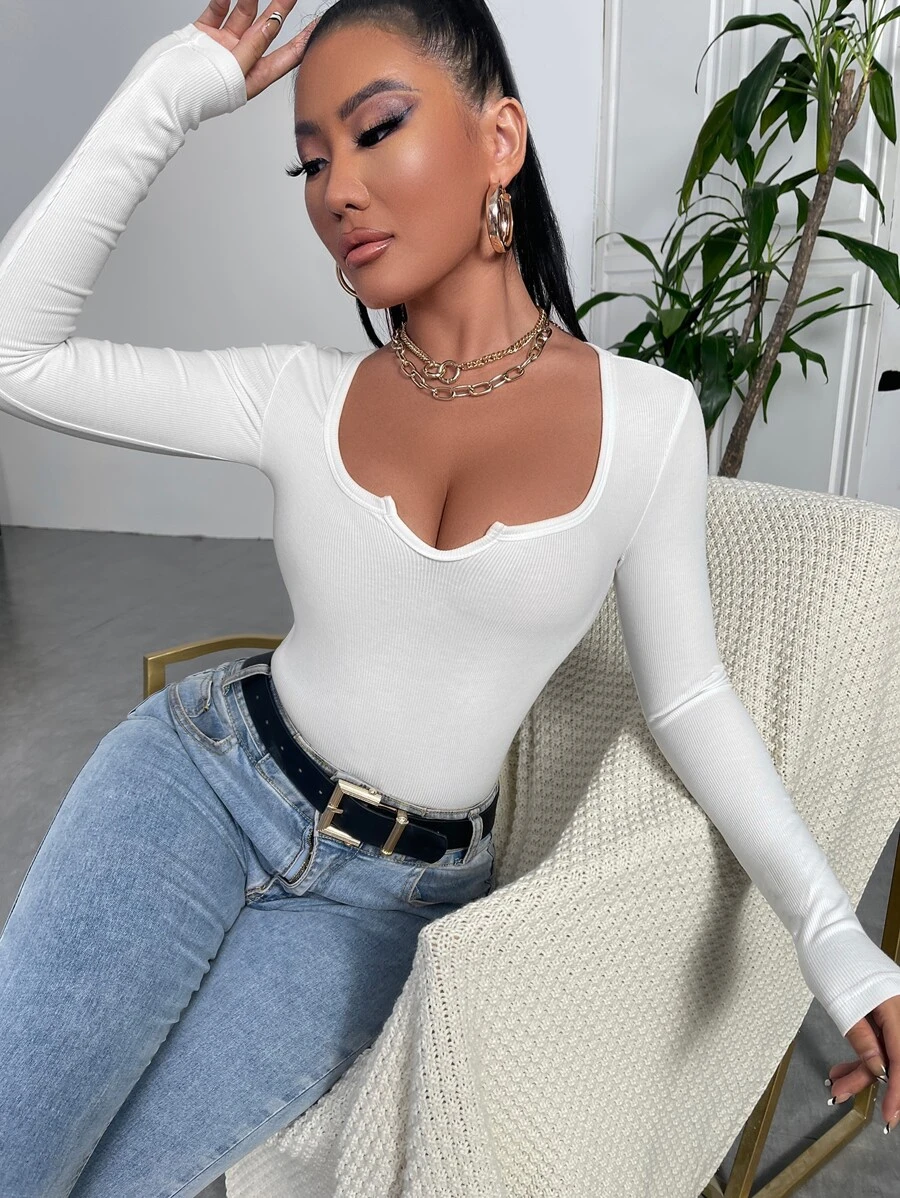 SHEIN SXY Áo thun nữ Gân đan màu trơn Gợi cảm - trắng - Xem 1