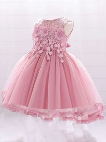 Baby Pearls Appliques Mesh-hem Party Dress - Dusty Pink - View 3