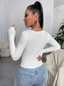 SHEIN SXY Áo thun nữ Gân đan màu trơn Gợi cảm - trắng - Xem 2