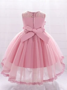 Baby Pearls Appliques Mesh-hem Party Dress - Dusty Pink - View 2