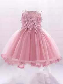 Baby Pearls Appliques Mesh-hem Party Dress - Dusty Pink - View 1