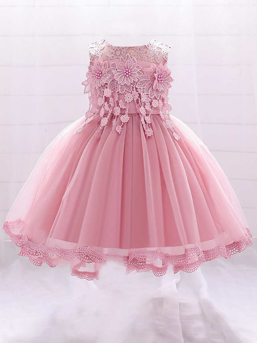 Trang phục dự tiệc cho em bé Đề can Tương phản Mesh Ngọc trai màu trơn Hấp dẫn - Bụi hồng - Xem 1