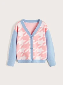 SHEIN 小女童千鳥格圖案撞色開襟衫 - 彩色 - 查看 1