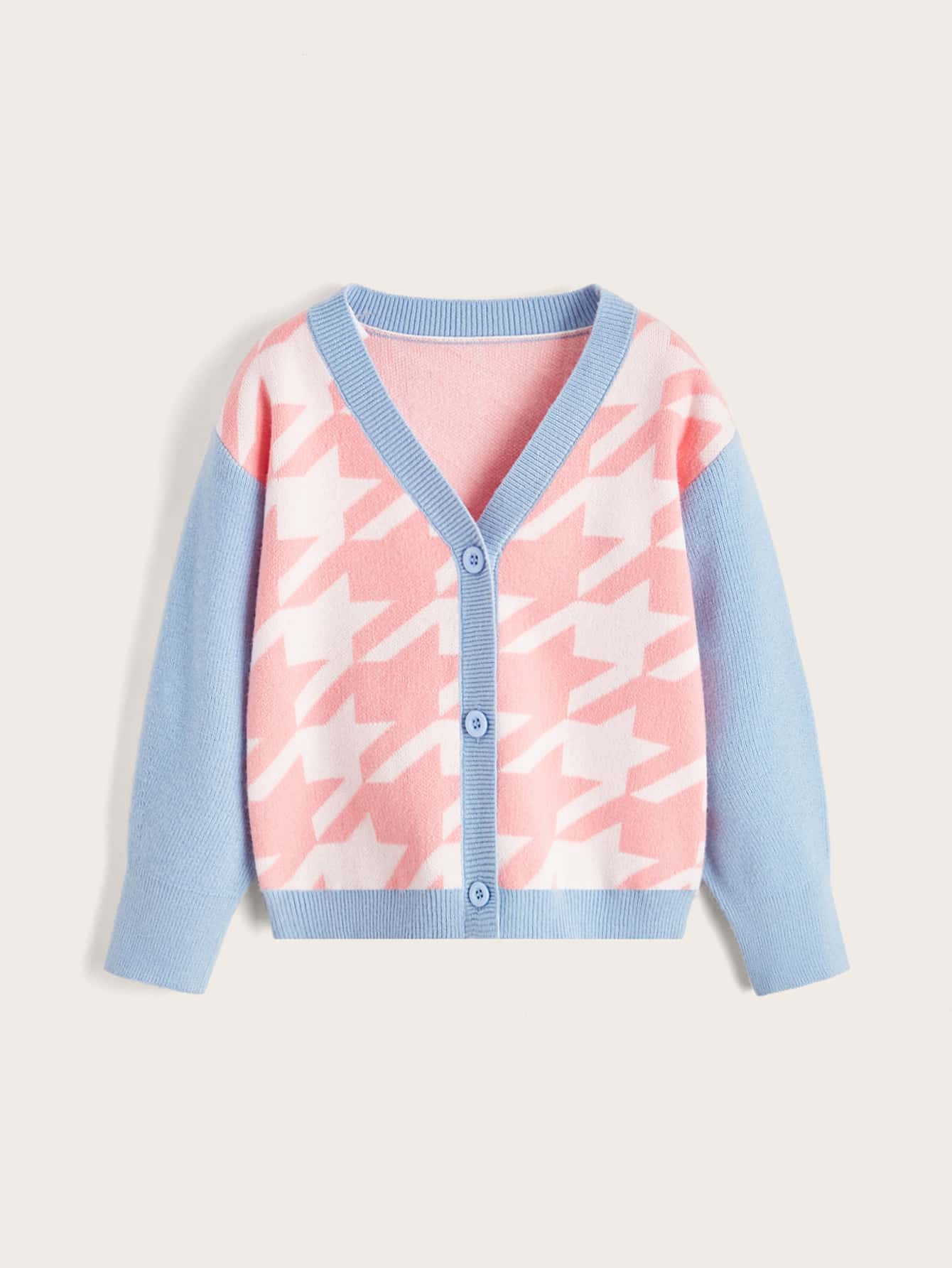 SHEIN 小女童千鳥格圖案撞色開襟衫 - 彩色 - 查看 1