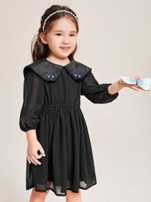 SHEIN 小女童蝴蝶刺繡誇大領口燈籠袖洋裝