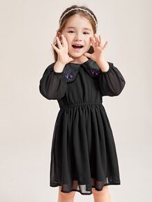 SHEIN 小女童蝴蝶刺繡誇大領口燈籠袖洋裝