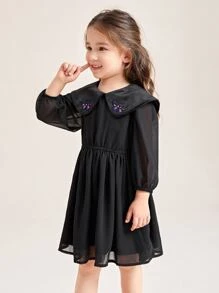 SHEIN 小女童蝴蝶刺繡誇大領口燈籠袖洋裝