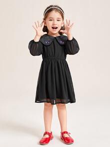 SHEIN 小女童蝴蝶刺繡誇大領口燈籠袖洋裝