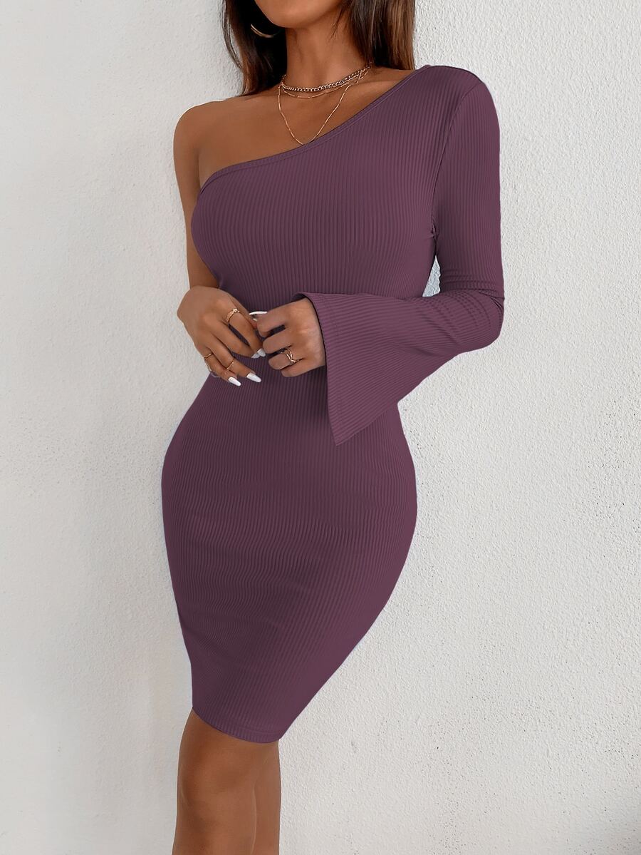 SHEIN SXY Vestido ajustado de un hombro puño con abertura - Morado - Ver 1