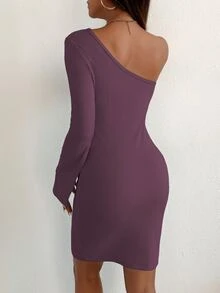 SHEIN SXY Vestido ajustado de un hombro puño con abertura - Morado - Ver 2