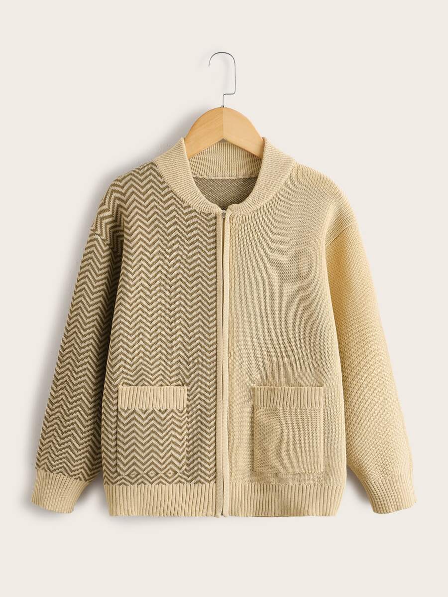 Niños Cárdigan con patrón de cheurón con doble bolsillo de hombros caídos - Caqui - Ver 1