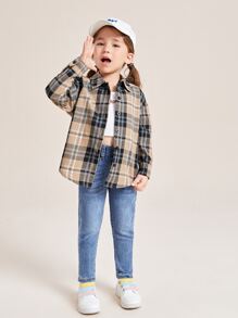 SHEIN 年輕女孩格紋寬鬆襯衫，舒適復古風格，落肩印花設計 - 彩色 - 查看 3