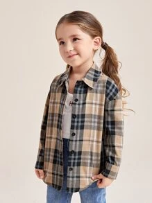 SHEIN 年輕女孩格紋寬鬆襯衫，舒適復古風格，落肩印花設計 - 彩色 - 查看 5