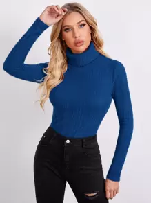 SHEIN Essnce Rolled Neck Rib-knit Tee - Blue - View 1
