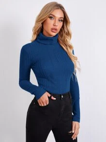 SHEIN Essnce Rolled Neck Rib-knit Tee - Blue - View 3