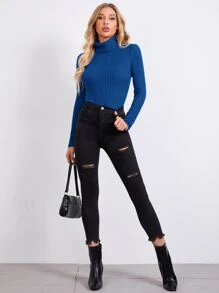 SHEIN Essnce Rolled Neck Rib-knit Tee - Blue - View 4