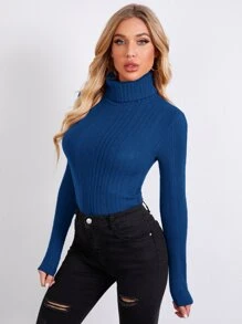 SHEIN Essnce Rolled Neck Rib-knit Tee - Blue - View 5