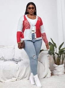 SHEIN Unity 大碼落肩袖撞色開襟衫 - 彩色 - 查看 3