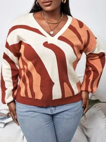 SHEIN Unity Plus Graphic Pattern V Neck Sweater - Multicolor - View 1