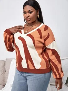 SHEIN Unity Plus Graphic Pattern V Neck Sweater - Multicolor - View 4