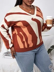 SHEIN Unity Plus Graphic Pattern V Neck Sweater - Multicolor - View 5