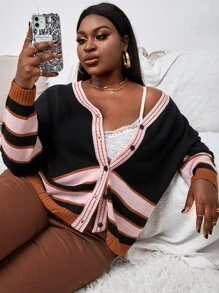 SHEIN Unity Plus Drop Shoulder Colourblock Cardigan - Multicolor - View 1