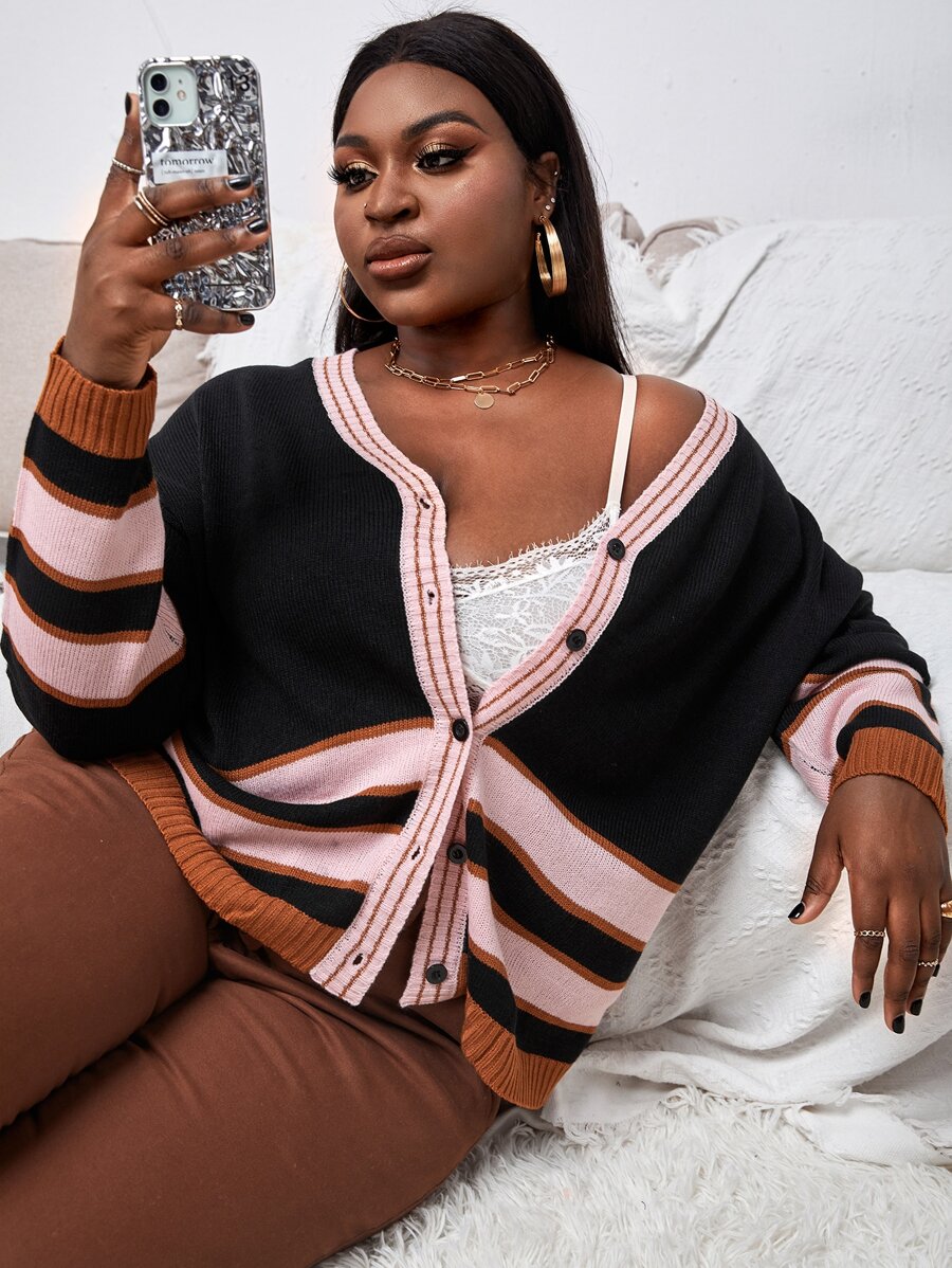 SHEIN Unity Plus Drop Shoulder Colourblock Cardigan - Multicolor - View 1