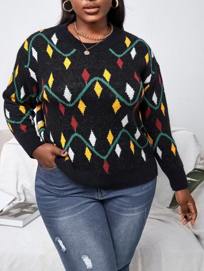 Slaydiva Plus Argyle Pattern Drop Shoulder Jumper