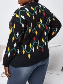 Slaydiva Plus Argyle Pattern Drop Shoulder Sweater - Multicolor - View 2