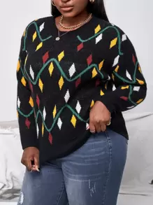 Slaydiva Plus Argyle Pattern Drop Shoulder Sweater - Multicolor - View 5