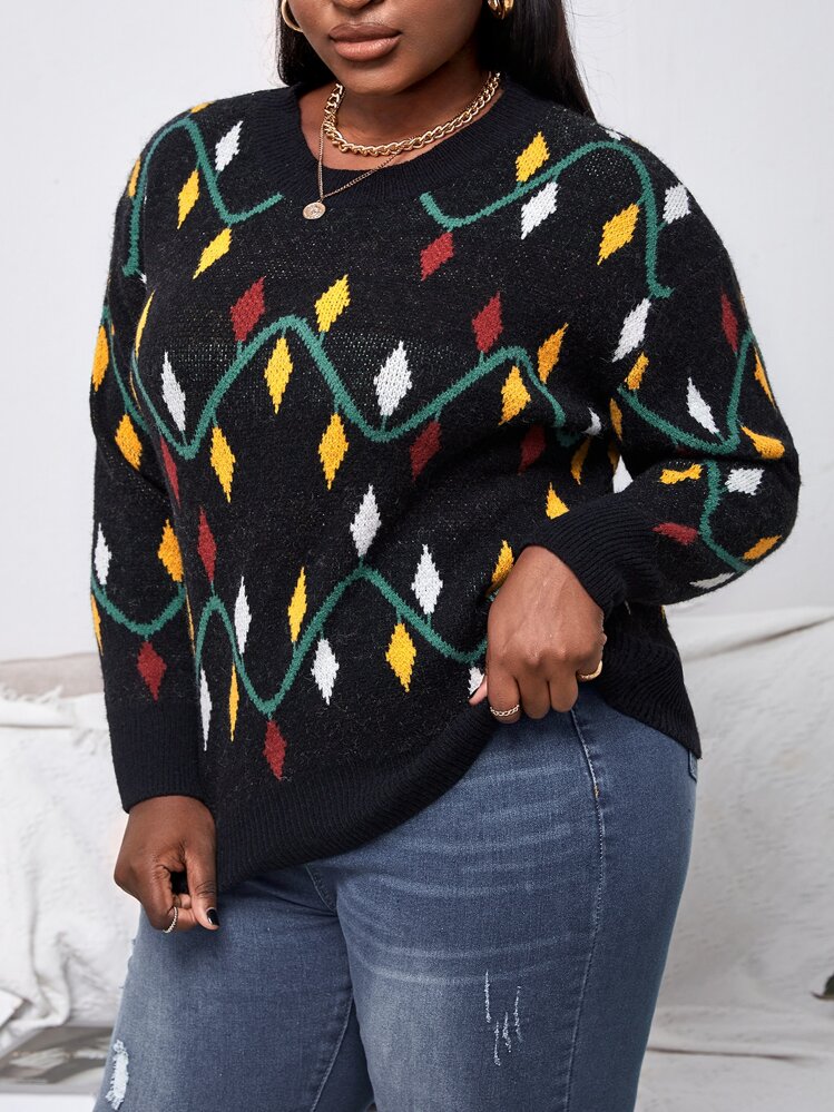 Slaydiva Geometrisk Enkel Plus Size Tröja - Multifärgad - Visa 5