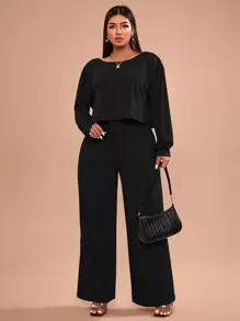 SHEIN Essnce Plus Rib-knit Tee and Knot Waist Trousers Set - Black - View 1