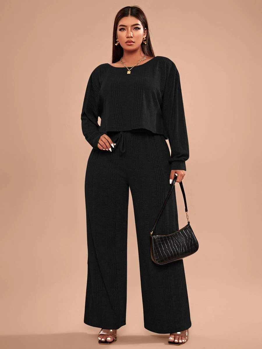 SHEIN Essnce Plus Rib-knit Tee and Knot Waist Trousers Set - Black - View 1