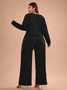 SHEIN Essnce Plus Rib-knit Tee and Knot Waist Trousers Set - Black - View 2