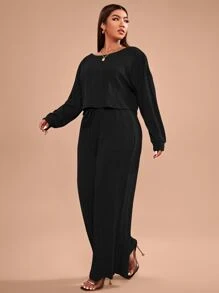 SHEIN Essnce Plus Rib-knit Tee and Knot Waist Trousers Set - Black - View 4