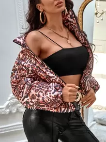 SHEIN Unity Leopard Print Zip Up Padded Padded Coat Clothes Winter - Multicolor - View 1