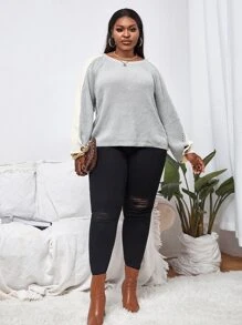 SHEIN SXY Colorblock ocasional Camisola de Tamanho Grande - Cinza claro - Ver 3