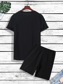 Manfinity Men Japanese Letter & Floral Print Tee & Drawstring Waist Shorts - Black - View 2