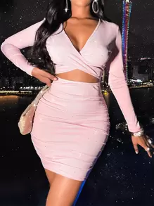 SHEIN SXY 深V領前鏤空緊身洋裝 - 淺粉色 - 查看 1