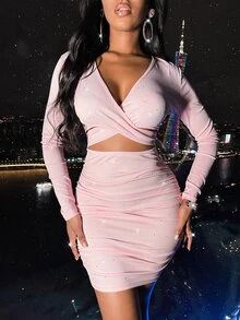 SHEIN SXY 深V領前鏤空緊身洋裝 - 淺粉色 - 查看 3